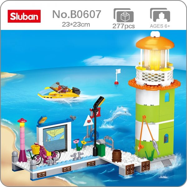 Sluban B0607 Pink Dream Wharf Lighthouse Boat Yacht Dophin Dock Beach Scene Mini Blocks Bricks Building - LOZ™ MINI BLOCKS